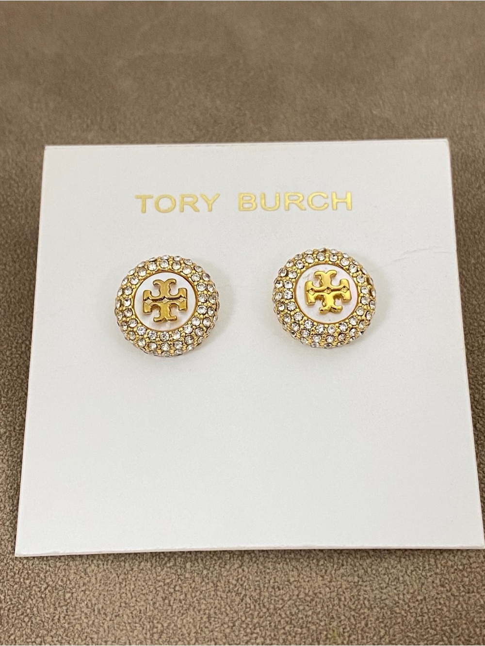 Tory Burch Gold Logo Crystal Halo Stud Earrings